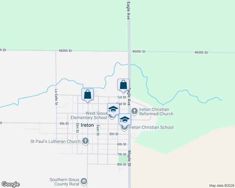 map of restaurants, bars, coffee shops, grocery stores, and more near 100-198 1st Street in Ireton