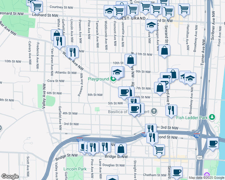 map of restaurants, bars, coffee shops, grocery stores, and more near 748 Fremont Avenue Northwest in Grand Rapids