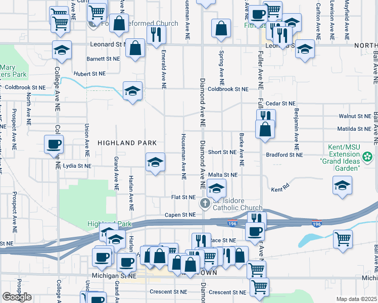 map of restaurants, bars, coffee shops, grocery stores, and more near 850 Houseman Avenue Northeast in Grand Rapids