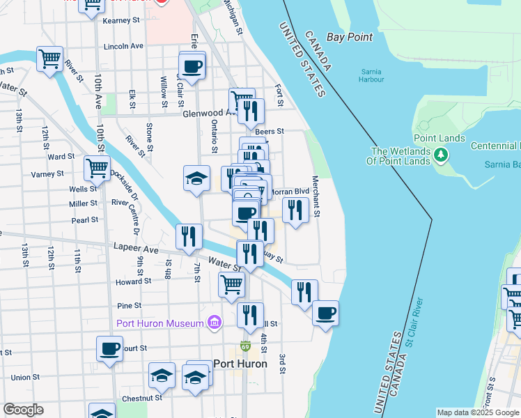 map of restaurants, bars, coffee shops, grocery stores, and more near 312 Huron Avenue in Port Huron