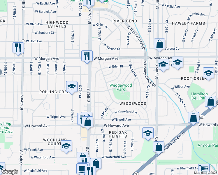 map of restaurants, bars, coffee shops, grocery stores, and more near 3662 South Massachusetts Avenue in Milwaukee