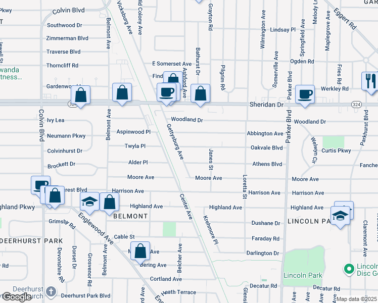 map of restaurants, bars, coffee shops, grocery stores, and more near 179 Oakvale Boulevard in Buffalo