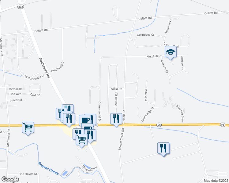 map of restaurants, bars, coffee shops, grocery stores, and more near 5983 Willis Road in Farmington