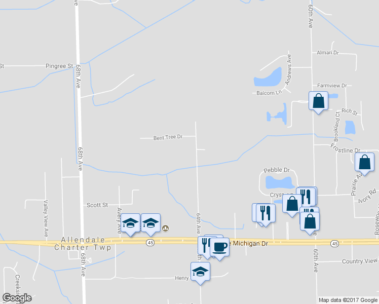 map of restaurants, bars, coffee shops, grocery stores, and more near 11505 64th Avenue in Allendale Charter Township