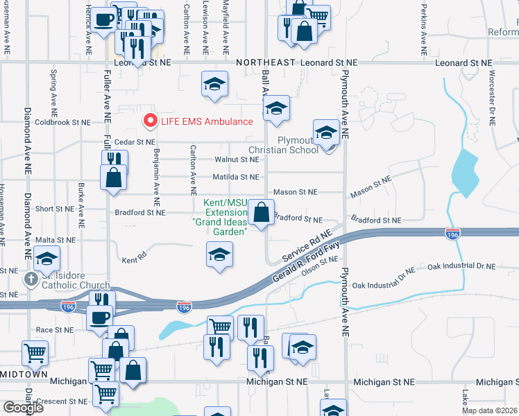 map of restaurants, bars, coffee shops, grocery stores, and more near 1541 Bradford Street Northeast in Grand Rapids