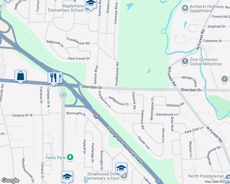 map of restaurants, bars, coffee shops, grocery stores, and more near 4205 Sheridan Drive in Buffalo