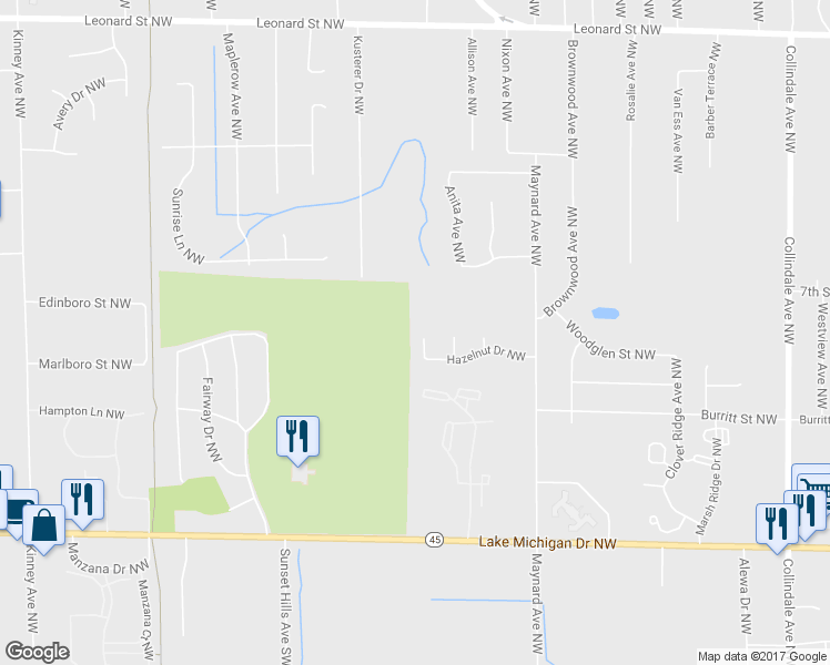 map of restaurants, bars, coffee shops, grocery stores, and more near 727 Kommer Court Northwest in Grand Rapids
