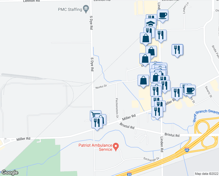 map of restaurants, bars, coffee shops, grocery stores, and more near 5205 Norko Drive in Flint