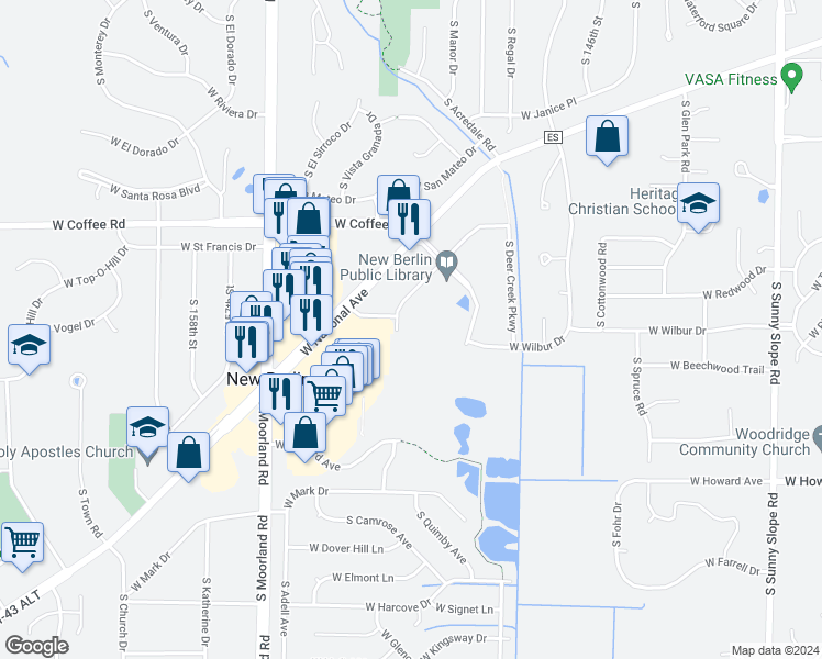 map of restaurants, bars, coffee shops, grocery stores, and more near 15239 West Library Lane in New Berlin