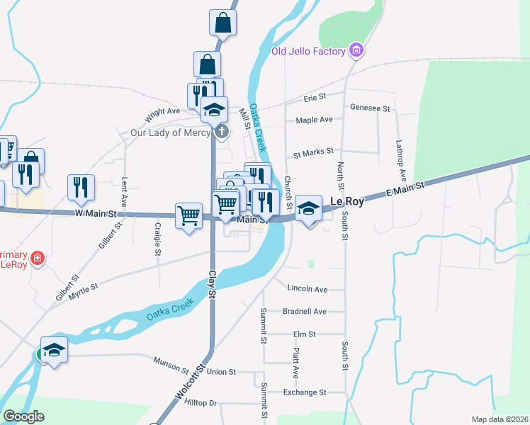 map of restaurants, bars, coffee shops, grocery stores, and more near 2 Main Street in Le Roy