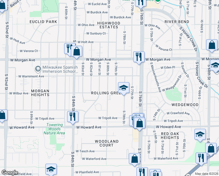 map of restaurants, bars, coffee shops, grocery stores, and more near 3652 South 80th Street in Milwaukee