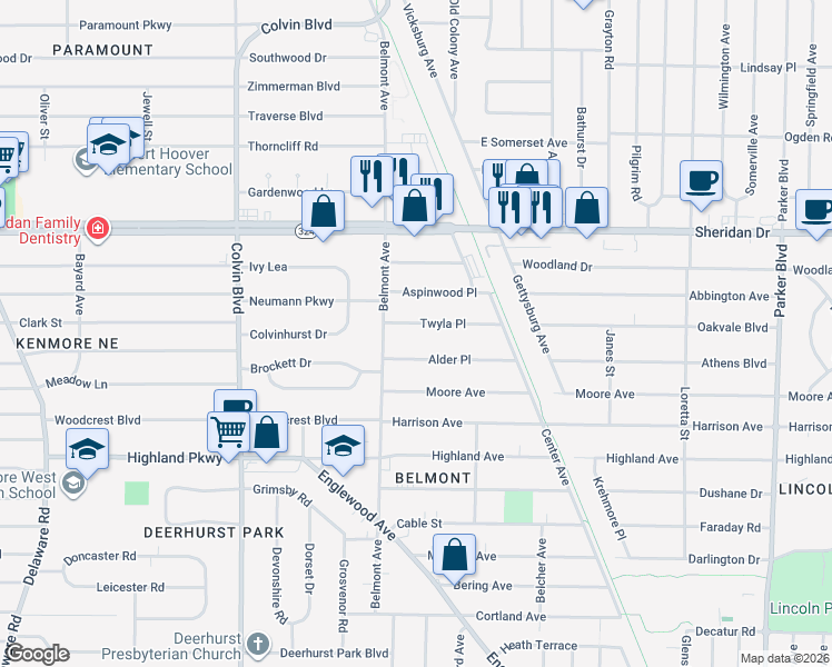 map of restaurants, bars, coffee shops, grocery stores, and more near 21 Twyla Place in Buffalo
