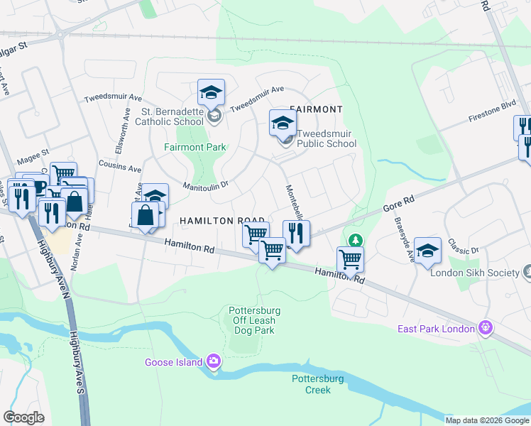 map of restaurants, bars, coffee shops, grocery stores, and more near 122 Fundy Avenue in London