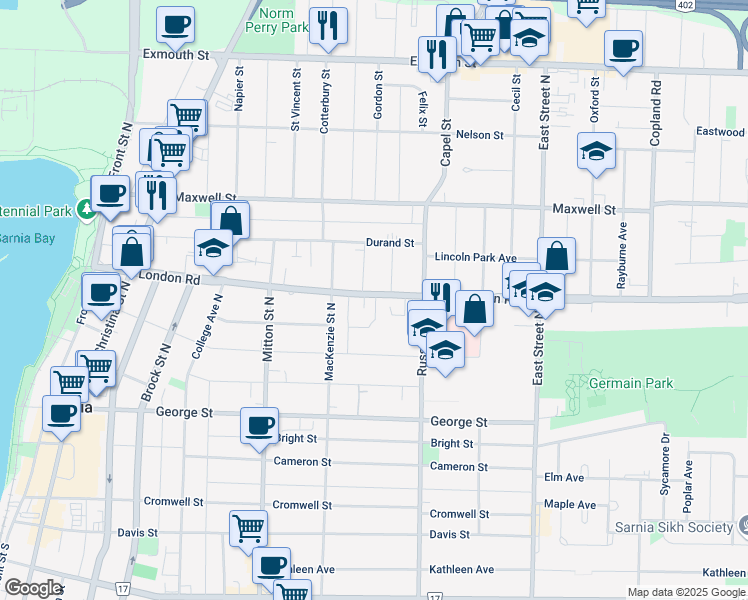 map of restaurants, bars, coffee shops, grocery stores, and more near 375 London Road in Sarnia