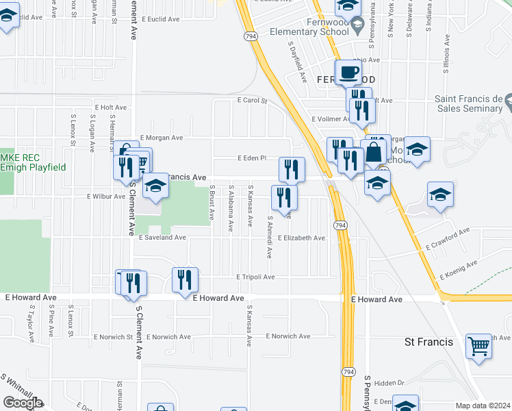map of restaurants, bars, coffee shops, grocery stores, and more near 3656 South Kansas Avenue in Saint Francis