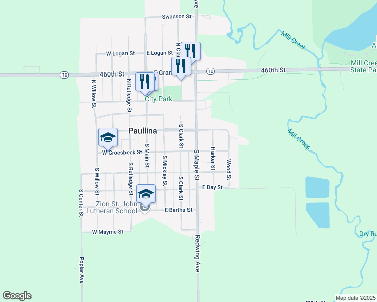 map of restaurants, bars, coffee shops, grocery stores, and more near East Groesbeck Street in Paullina
