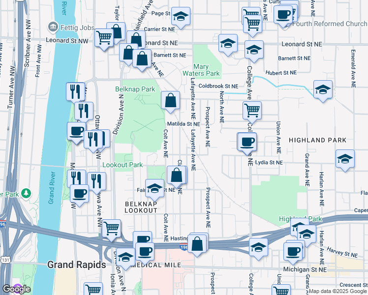 map of restaurants, bars, coffee shops, grocery stores, and more near 817 Clancy Avenue Northeast in Grand Rapids