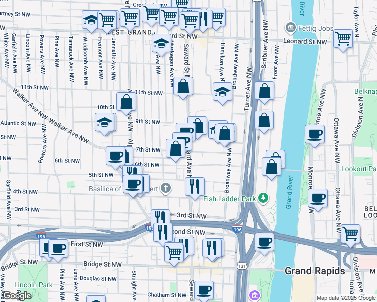 map of restaurants, bars, coffee shops, grocery stores, and more near Seward Avenue Northwest & 7th Street Northwest in Grand Rapids