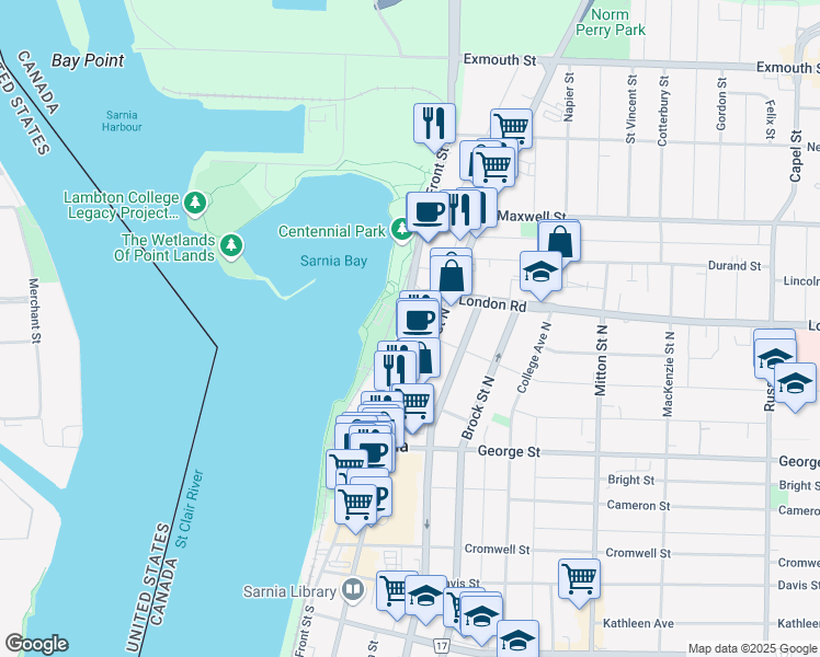map of restaurants, bars, coffee shops, grocery stores, and more near 340 Front Street North in Sarnia