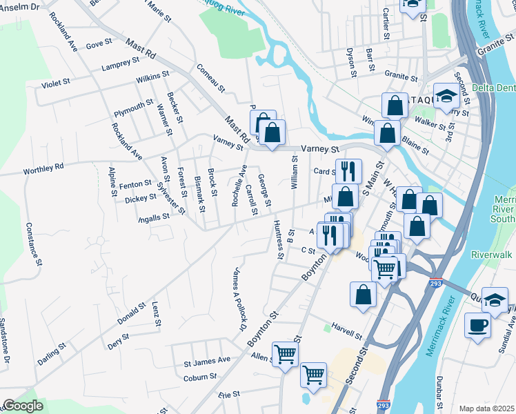 map of restaurants, bars, coffee shops, grocery stores, and more near 114 Carroll Street in Manchester