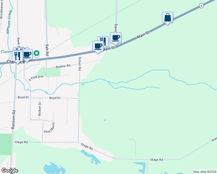 map of restaurants, bars, coffee shops, grocery stores, and more near 10985 Main Street in Clarence