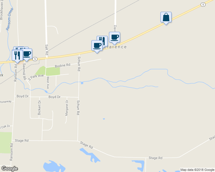 map of restaurants, bars, coffee shops, grocery stores, and more near 10985 Main Street in Clarence