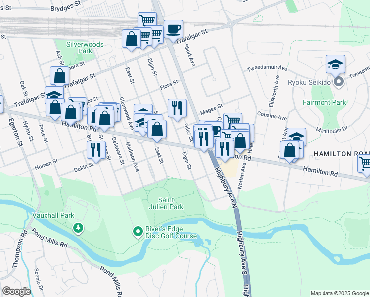 map of restaurants, bars, coffee shops, grocery stores, and more near 919 Hamilton Road in London