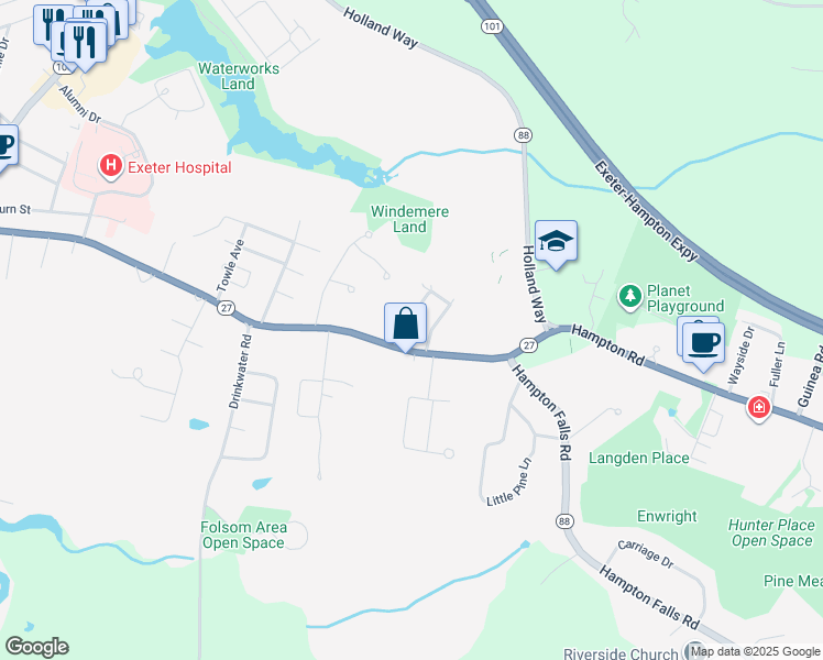map of restaurants, bars, coffee shops, grocery stores, and more near 2 Langdon Avenue in Exeter