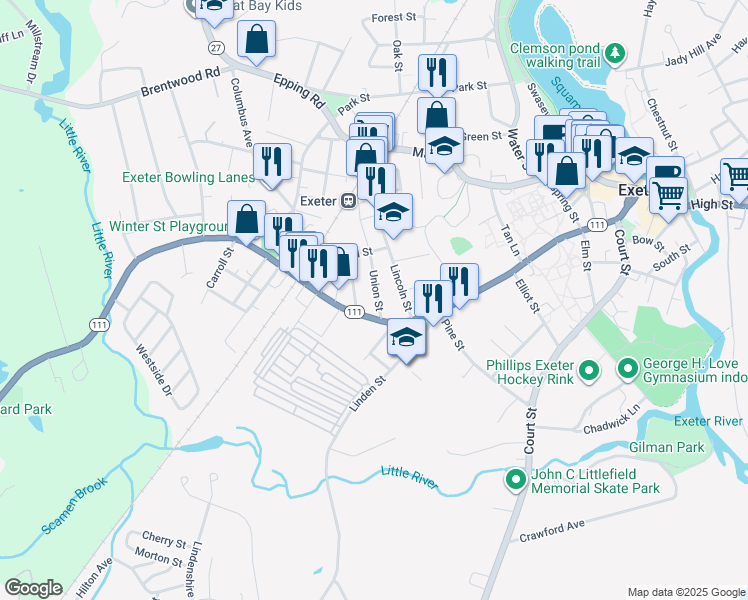 map of restaurants, bars, coffee shops, grocery stores, and more near 8 Union Street in Exeter