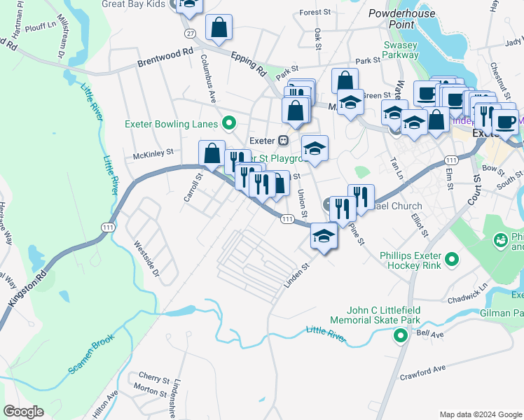 map of restaurants, bars, coffee shops, grocery stores, and more near 142 Front Street in Exeter