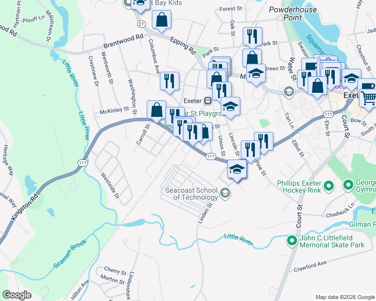 map of restaurants, bars, coffee shops, grocery stores, and more near 142 Front Street in Exeter