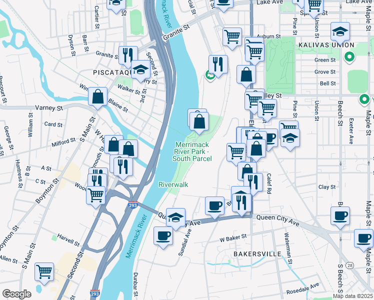 map of restaurants, bars, coffee shops, grocery stores, and more near 141 Riverwalk Way in Manchester