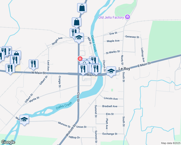 map of restaurants, bars, coffee shops, grocery stores, and more near 3 1/2 Mill Street in Le Roy