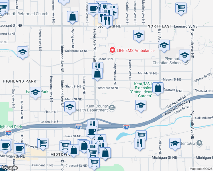 map of restaurants, bars, coffee shops, grocery stores, and more near 1231 Bradford Street Northeast in Grand Rapids