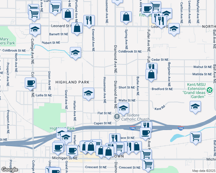 map of restaurants, bars, coffee shops, grocery stores, and more near 850 Houseman Avenue Northeast in Grand Rapids