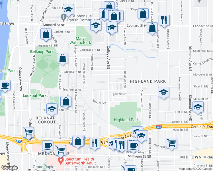 map of restaurants, bars, coffee shops, grocery stores, and more near 821 College Avenue Northeast in Grand Rapids