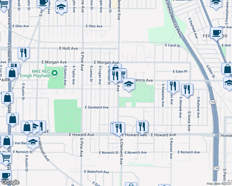 map of restaurants, bars, coffee shops, grocery stores, and more near 3658 South Herman Street in Milwaukee