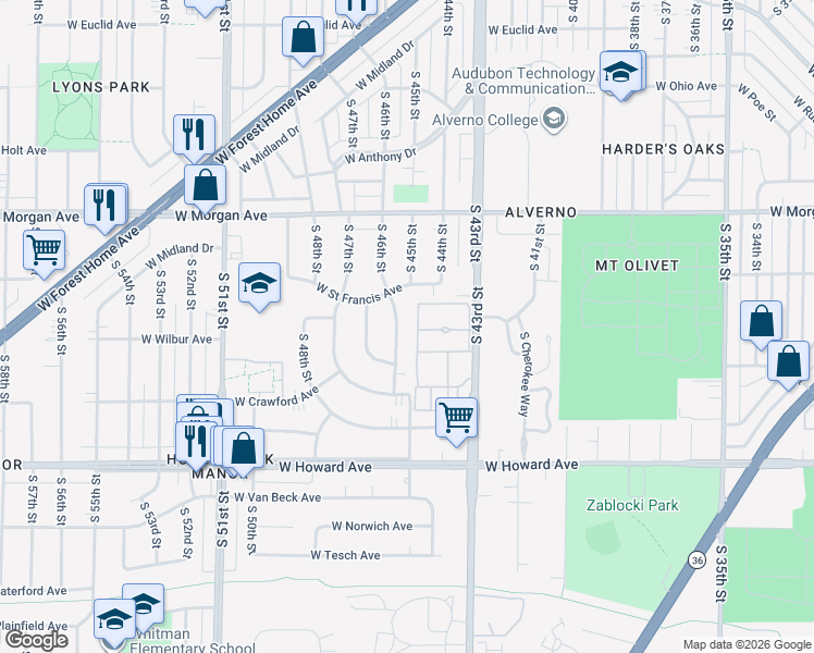 map of restaurants, bars, coffee shops, grocery stores, and more near 3640 South 46th Street in Greenfield