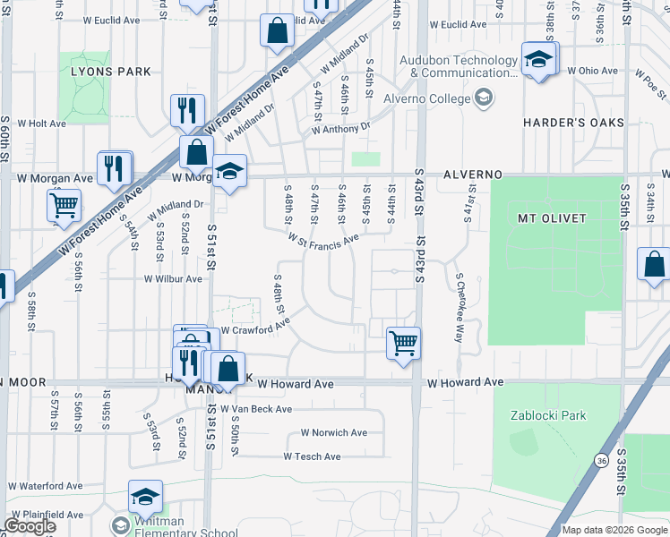 map of restaurants, bars, coffee shops, grocery stores, and more near 3628 South 46th Place in Greenfield