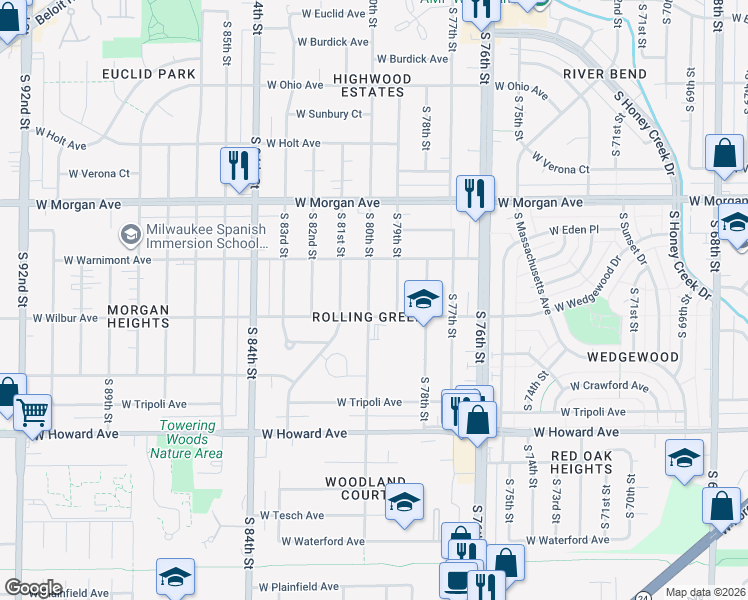map of restaurants, bars, coffee shops, grocery stores, and more near 3652 South 80th Street in Milwaukee