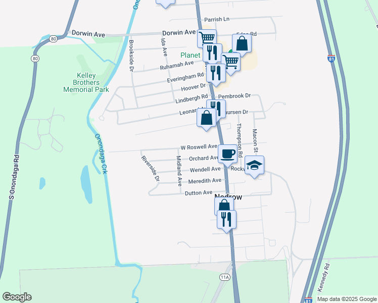 map of restaurants, bars, coffee shops, grocery stores, and more near 131 West Roswell Avenue in Nedrow