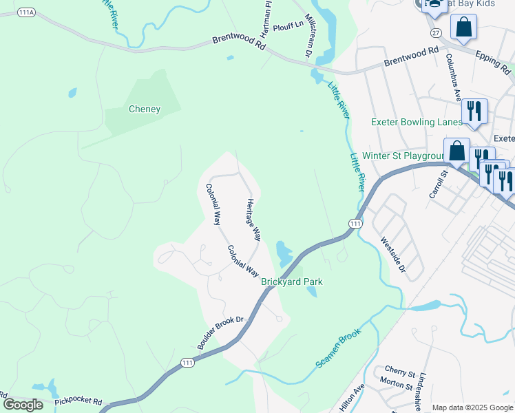 map of restaurants, bars, coffee shops, grocery stores, and more near 11 Heritage Way in Exeter