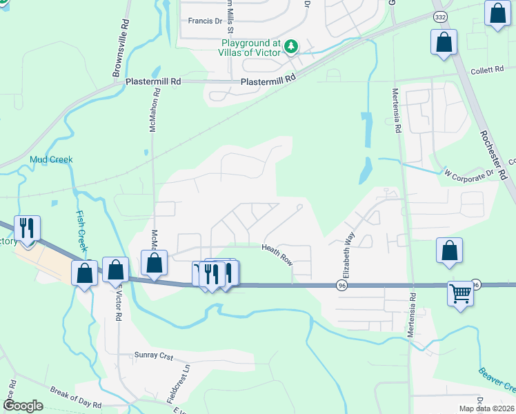 map of restaurants, bars, coffee shops, grocery stores, and more near 1085 Cunningham Drive in Victor