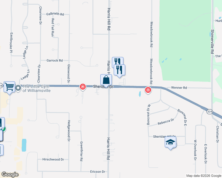 map of restaurants, bars, coffee shops, grocery stores, and more near 8511 Sheridan Drive in Buffalo