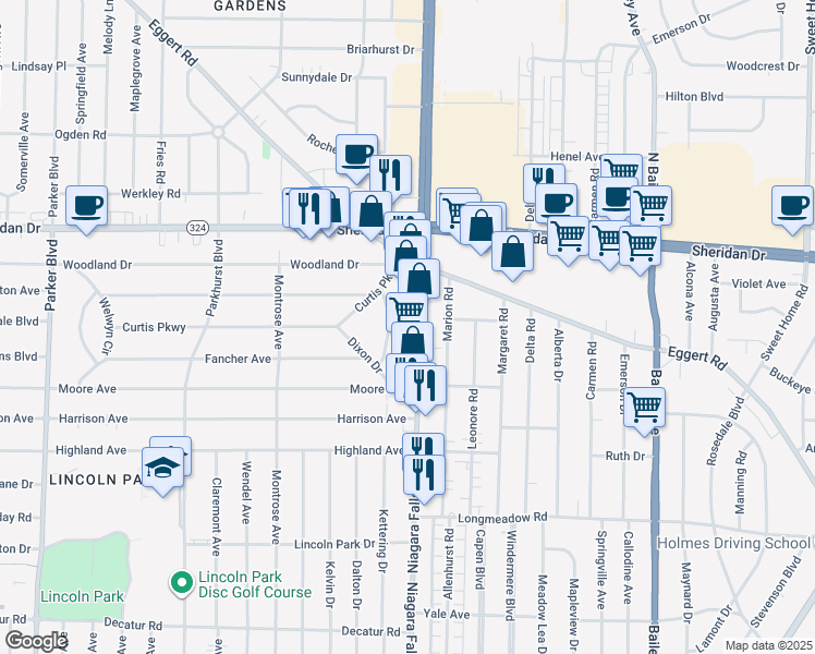 map of restaurants, bars, coffee shops, grocery stores, and more near 874 Niagara Falls Boulevard in Erie County