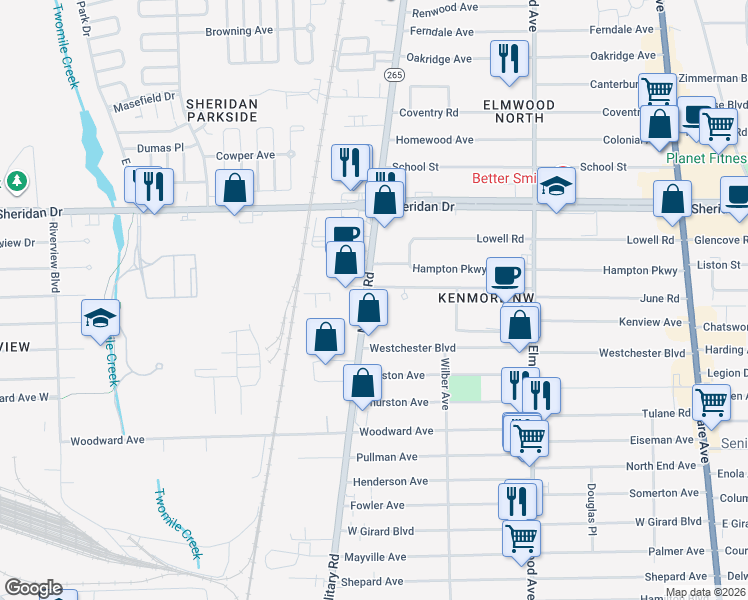 map of restaurants, bars, coffee shops, grocery stores, and more near 1495 Military Road in Tonawanda Town
