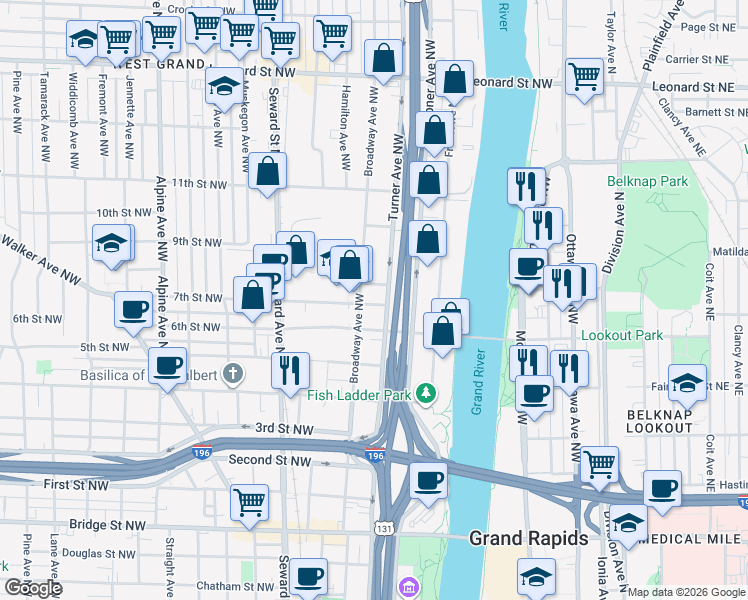 map of restaurants, bars, coffee shops, grocery stores, and more near 411 7th Street Northwest in Grand Rapids