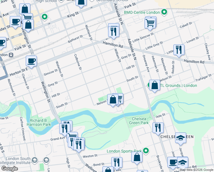 map of restaurants, bars, coffee shops, grocery stores, and more near 89 Maitland Street in London