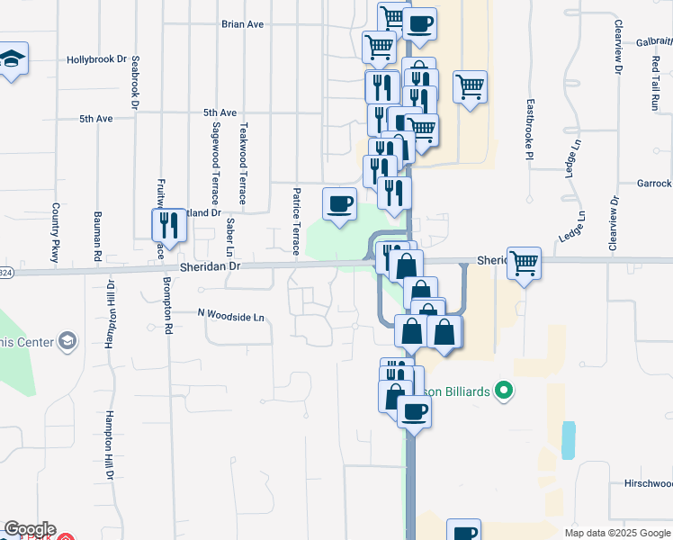 map of restaurants, bars, coffee shops, grocery stores, and more near 6265 Sheridan Drive in Buffalo