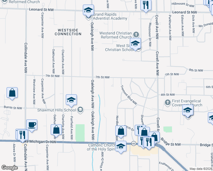 map of restaurants, bars, coffee shops, grocery stores, and more near 730 Northrup Avenue Northwest in Grand Rapids